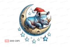 Blue rhino wearing Santa hat on moon stars Product Image 1
