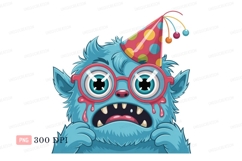 Blue monster wearing party hat and glasses image Product Image 1
