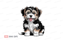 Fluffy puppy with blue eyes and pink tongue black white Product Image 1