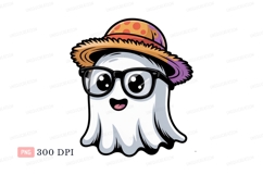 Cheerful ghost wearing hat and glasses white black Product Image 1