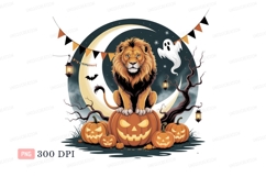 Majestic lion sits on carved pumpkins halloween ghost Product Image 1