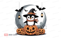 Penguin witch on pumpkin with bats scarf Product Image 1