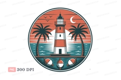 Coastal lighthouse scene with palm trees ocean sunset Product Image 1
