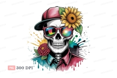 Skeleton wearing sunglasses and cap with flowers sunflower Product Image 1
