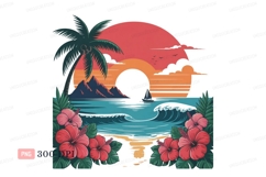 Tropical sunset ocean palm hibiscus sailboat image Product Image 1