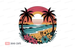 Tropical sunset beach scene with palm trees flowers Product Image 1