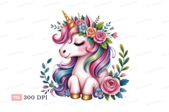 Pink unicorn adorned with flowers rainbow mane Product Image 1