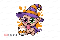 Cute monster wearing witch hat holding cracked egg Product Image 1