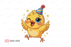 Cheerful yellow chick wearing party hat blue orange Product Image 1