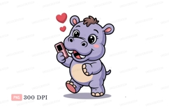 Cute cartoon hippo holding phone animal Product Image 1