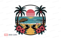 Tropical beach sunset scene with palm trees ocean Product Image 1