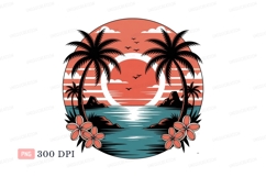 Tropical sunset ocean palms flowers image Product Image 1