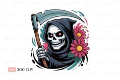 Grim reaper holding scythe surrounded by flowers skull Product Image 1