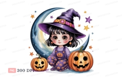 Cute witch girl with pumpkins and moon halloween Product Image 1