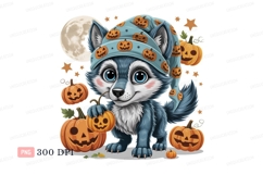 Cute wolf wearing pumpkin hat with pumpkins halloween Product Image 1
