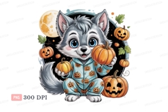 Cute wolf holding pumpkins cartoon halloween Product Image 1