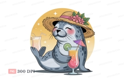 Seal wearing straw hat with drinks animal flowers Product Image 1