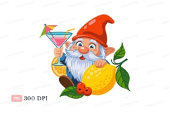Cheerful gnome holding cocktail and lemon orange berries Product Image 1