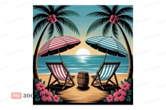 Tropical beach chairs and umbrellas at sunset ocean Product Image 1
