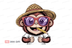 Monkey wearing straw hat and sunglasses holding pencil Product Image 1