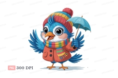 Blue bird wearing winter clothes holding umbrella scarf Product Image 1