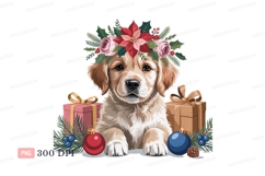 Golden puppy wearing floral wreath retriever christmas Product Image 1