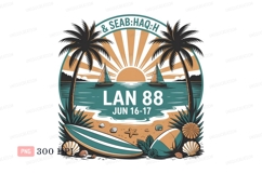 Tropical beach sunset with sailboats and surfboards Product Image 1