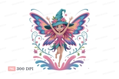 Whimsical fairy with colorful wings and hat pink blue Product Image 1