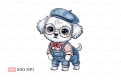 Adorable white dog wearing overalls and beret puppy Product Image 1