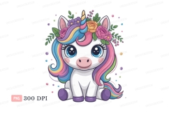 Cute unicorn with rainbow mane and flowers image Product Image 1