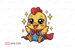 Cute yellow chick wearing blue overalls and red cape Product Image 1