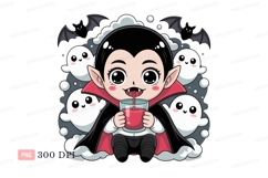Cute vampire drinking red juice surrounded by ghosts and bat Product Image 1
