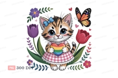 Kitten holding rainbow heart surrounded by flowers Product Image 1