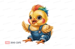 Yellow chick with rainbow hair and blue overalls image Product Image 1