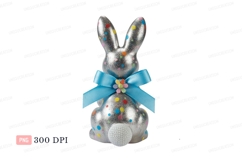Silver bunny with colorful dots and blue bow image Product Image 1