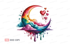Rainbow crescent moon dripping hearts and clouds image Product Image 1