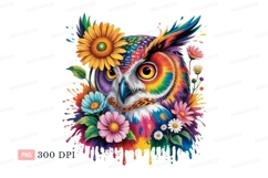 Colorful owl surrounded by flowers sunflower daisy Product Image 1