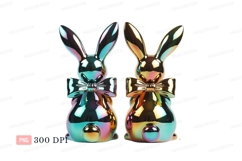 Iridescent bunny figurines with bows rabbit metallic Product Image 1
