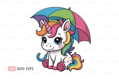Cute unicorn with rainbow mane and umbrella fantasy Product Image 1