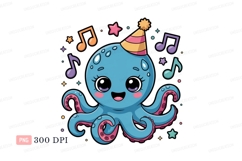 Blue octopus wearing party hat pink Product Image 1