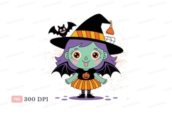 Cute green witch with purple hair and bat wings halloween Product Image 1