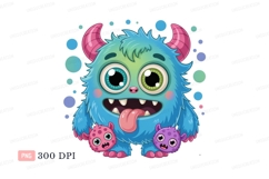 Fluffy blue monster with pink horns and small companions Product Image 1