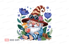 Cheerful gnome with drink and flowers garden Product Image 1