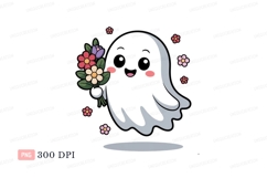 Cute ghost holding flowers bouquet pink Product Image 1