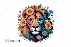 Colorful lion surrounded by flowers sunflowers daisies Product Image 1