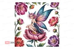 Pink haired fairy with iridescent wings among flowers Product Image 1
