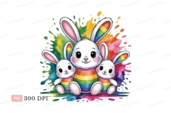 Three white bunnies rainbow rabbits colorful Product Image 1