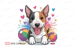 Happy dog with colorful hearts and balls puppy bull Product Image 1