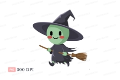 Cute green witch flying broom halloween Product Image 1