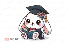 Cute bunny wearing graduation cap and gown reading book Product Image 1